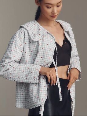 Maeve White Quilted Jacket with Red Heart Print